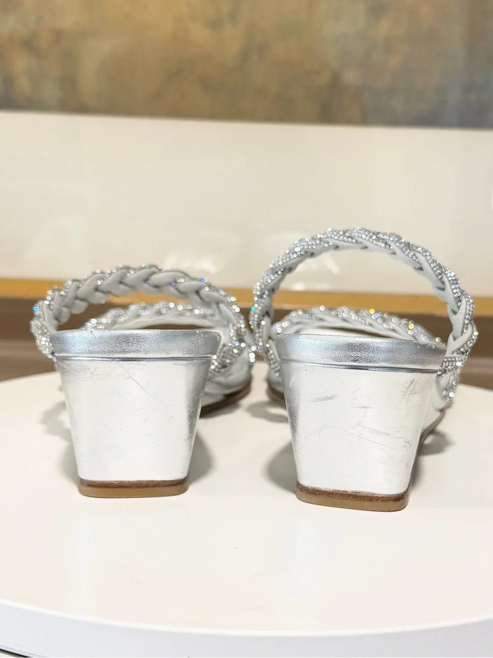 🌹STUART WEITZMAN🌹 Highshine Crystal Braid Wedge Sandals In Silver Size: 5.5 B - Picture 6 of 16